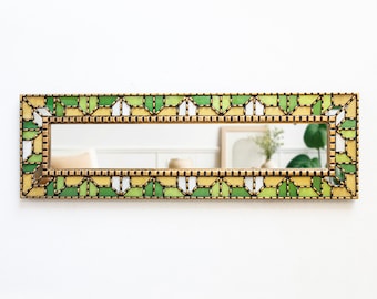 Espejo peruano grande, estrecho y horizontal, de 90 cm de alto, para decoración de pared, sala de estar, pasillo y entrada. Espejo largo y delgado de estilo vintage hecho a mano.