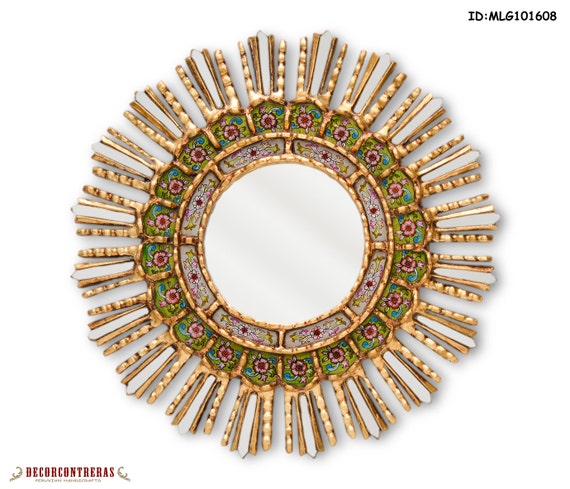 Green Sun Mirror 17.7in | Hand Painted Mirrors Wall Art, Peruvian Colonial Flowers on Reverse Glass | Gallery Wall Decor, No Duties USA