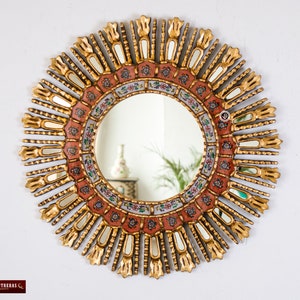 Gold Sunburst Mirror | Handmade Peruvian Decorative Mirrors for Wall Decor | Red Round Mirror for Living Room, Bedroom & Bathroom