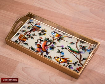 Handmade Glass Wood Serving Tray with handle from Peru | Small Tray for Tea, Breakfast | Housewarming Gifts | Unique Anniversary Gift