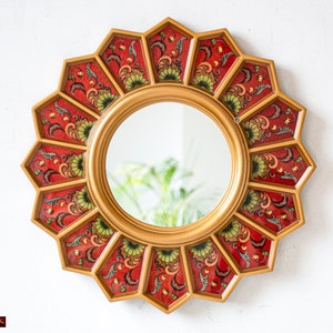 Decorative Red Round Mirror 18.5&quot; for wall home decor | Peruvian Painting on glass Handmade Circle Wall Mirror for room christmas decoration