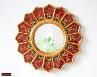 Decorative Red Round Mirror 18.5" for wall home decor | Peruvian Painting on glass Handmade Circle Wall Mirror for room christmas decoration