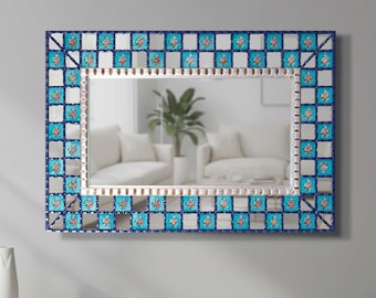 Mosaic Mirror Peruvian Turquoise - Hand Painted Glass Rectangular Wall Decor - Large 27.5x20 Mirror for Bathroom, Entryway - USA No Duties