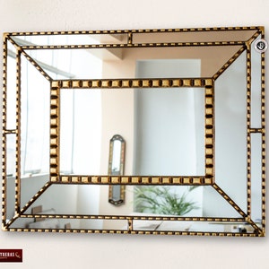 Gold Accent mirror wall decor 'golden blaze', Peruvian Wall mirror for livig room decor, bathroom, Antiqued gold wood framed vintage mirror