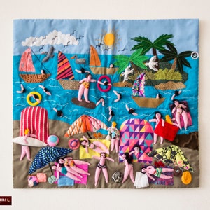 Beach Arpillera Patchwork - 3d Handmade wall art - Peruvian Quilted wall hanging 17.7x19.7&quot;- Hand-Embroidered textile mural- Peru Textiles