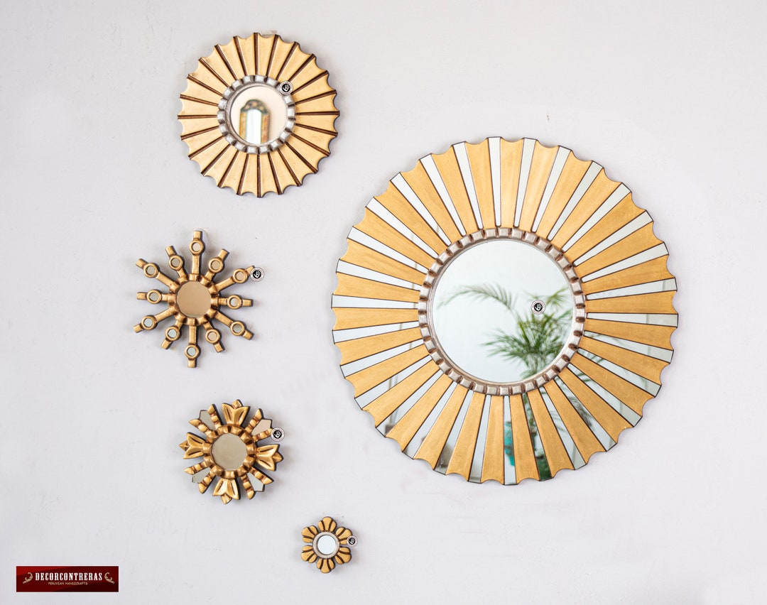 Collection Gold Wall Round Mirror Set 5, Accent Golden Sunburst Wall Mirror Set winter Sunburst