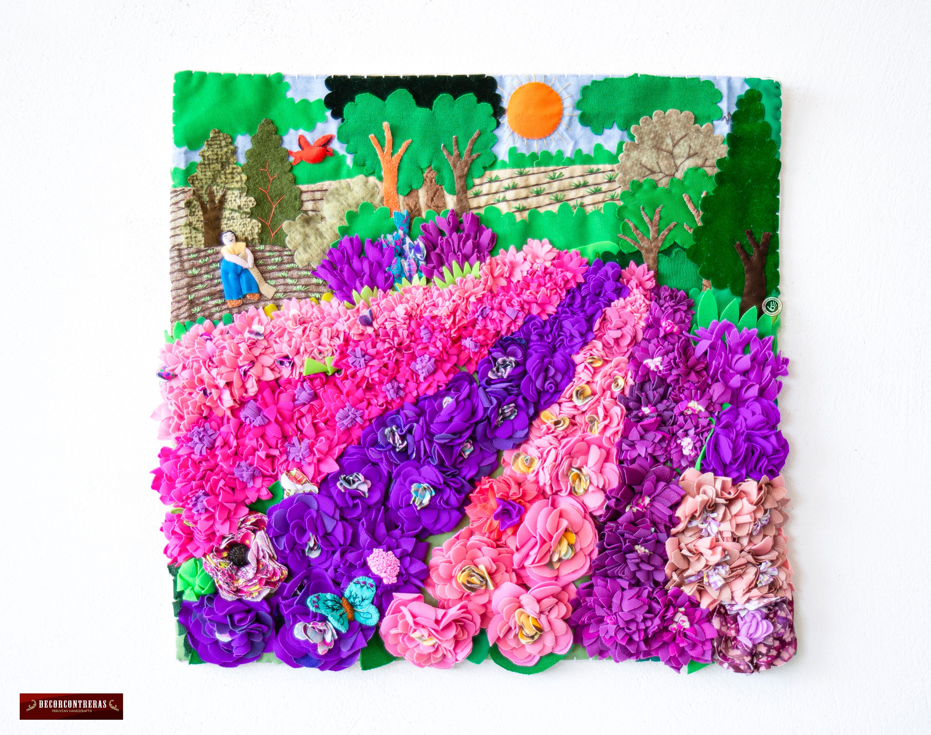 Peruvian Woven Tapestry Wall Hanging 13"x12.6", 3D patchwork botanical art, Embroidered appliques of fabric, Quilted textile wall art decor