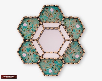 Handgemaakte zeshoekige wandspiegel 11,8 inch uit Peru, schilderij op glazen spiegel voor wanddecoratie, turquoise decoratieve accentspiegel met bladgoud