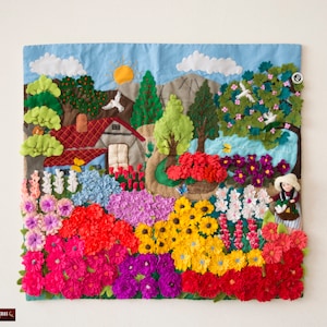 Arpillera Wall Hanging 17.7&quot;x19.7&quot; from Peru, 3D patchwork art work &quot;Flowers Garden&quot;, Quilted wall hanging, Embroidered appliques of fabric