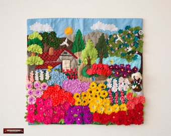 Arpillera Wall Hanging 17.7"x19.7" from Peru, 3D patchwork art work "Flowers Garden", Quilted wall hanging, Embroidered appliques of fabric