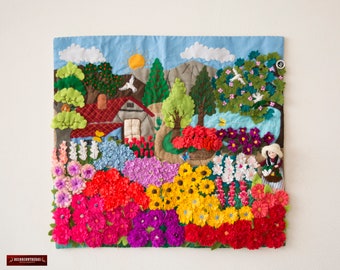 Arpillera Wall Hanging 17.7&quot;x19.7&quot; from Peru, 3D patchwork art work &quot;Flowers Garden&quot;, Quilted wall hanging, Embroidered appliques of fabric