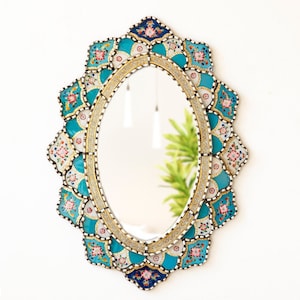 Turquoise large oval wall mirror for home decor | Peruvian Oval mirror on the wall art | Painted glass Wall Hanging mirror for living room