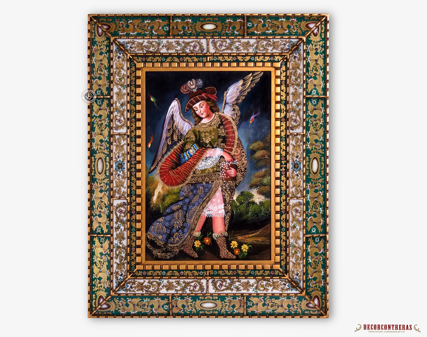 大天使ウリエル、木の天使の絵、ペルーの絵画アートガラスフレーム