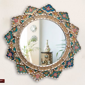 Decorative Round Mirror wall 17.7in, "Floral Paradise", Turquoise Accent Mirror, Painting on glass Wall Mirror for Bathroom, living room