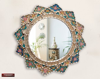 Decorative Round Mirror wall 17.7in, "Floral Paradise", Turquoise Accent Mirror, Painting on glass Wall Mirror for Bathroom, living room