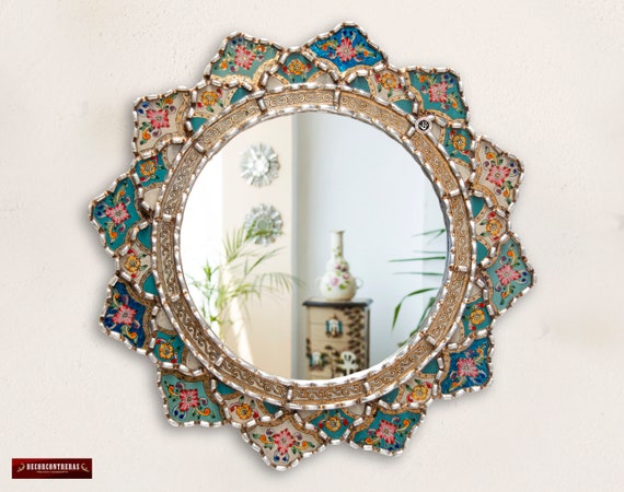 Set de 4 Espejos decorativo Redondo, Espejos de madera y vidrio pintado a  mano, Decoracion para el hogar con espejos peruanos Inti Lluqsi -   España
