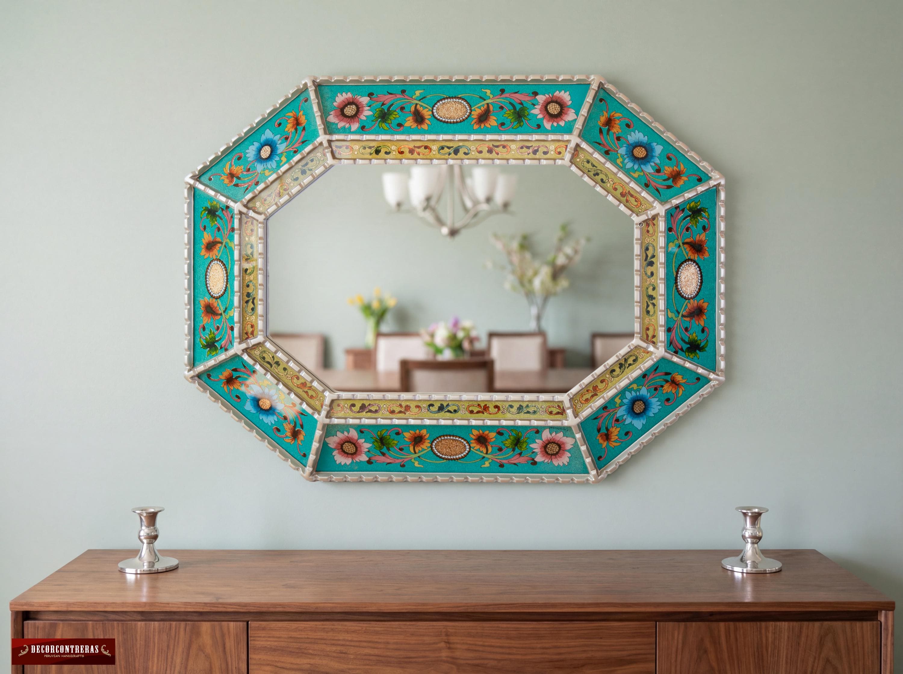 Large Turquoise Wall Mirror Octagonal - Peruvian Painted Glass