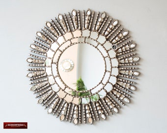 Peruvian Silver Sunburst Mirror 23.6&quot;, Hand carved Wood Decorative Round Mirror &quot;Silver Princess, Silver Leaf Accent Mirrors for wall decor