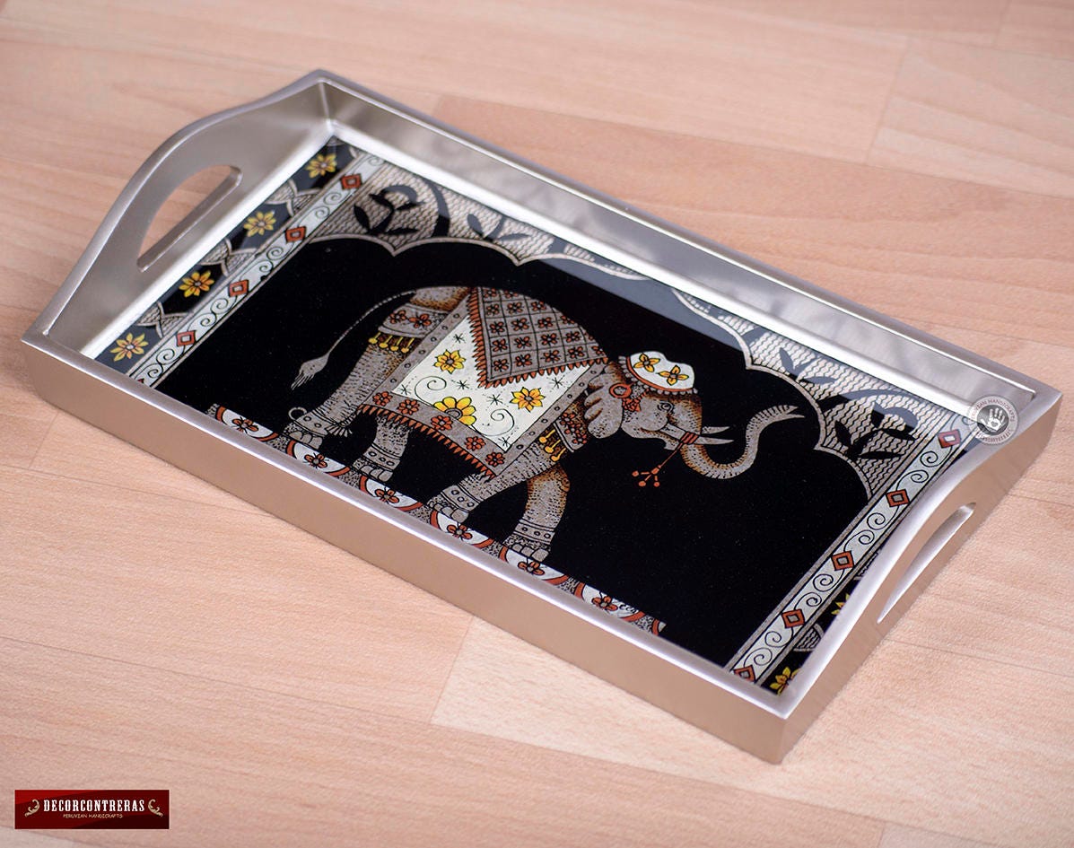 Peruvian Glass Serving Tray with handle | Handmade Silver Wood Tray Drink | Perfect Gift | Housewarming Gifts | Unique Anniversary Gift