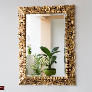 Vintage Gold Tone Hand carved Wood Frame Ornate Mirror, 29&quot;x21.5&quot;, Gold Wood Framed Beveled Accent Mirror wall decor &quot;Gold Shells&quot; from peru