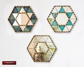 Handmade Star of David Wall Mirror set 3, Painted glass Star of David Mirror 8.6"Hx10"W, Decorative Accent Mirror with gold leaf from Peru