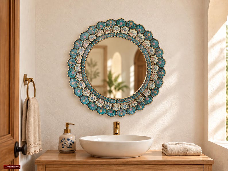 Round gold framed mirror hanging above a bathroom vanity, shown in a styled room to give a sense of its 23.6 inch scale against a standard sink. The hand painted turquoise floral glass and antique gold finish warm up white tile, brass fixtures and warm wood tones.
