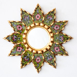 Accent green Round Mirror 9.8&quot; Wall art Decor, Vintage style Mirror, Ornate Reverse-Painted glass Floral gold Wood Wall Mirror from Peru