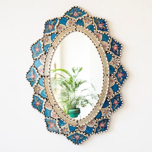 Peruvian Large oval mirror wall art decoration | Blue Oval mirror on the wall | Painted glass Wall Hanging oval mirror for living room decor