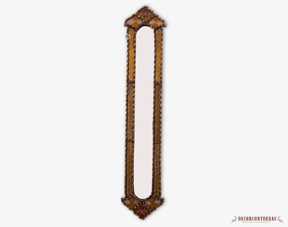 Long Narrow Wall Mirror Antique Gold Wood Framed Mounted Decorative Accent Peruvian Hand Painted Glass