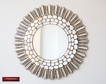 Handgeschnitzter dekorativer Spiegel, &quot;Sol Colonial Silver&quot;, großer runder Spiegel aus Silberbrot, peruanische Handwerkskunst, Holz- und Glasspiegel