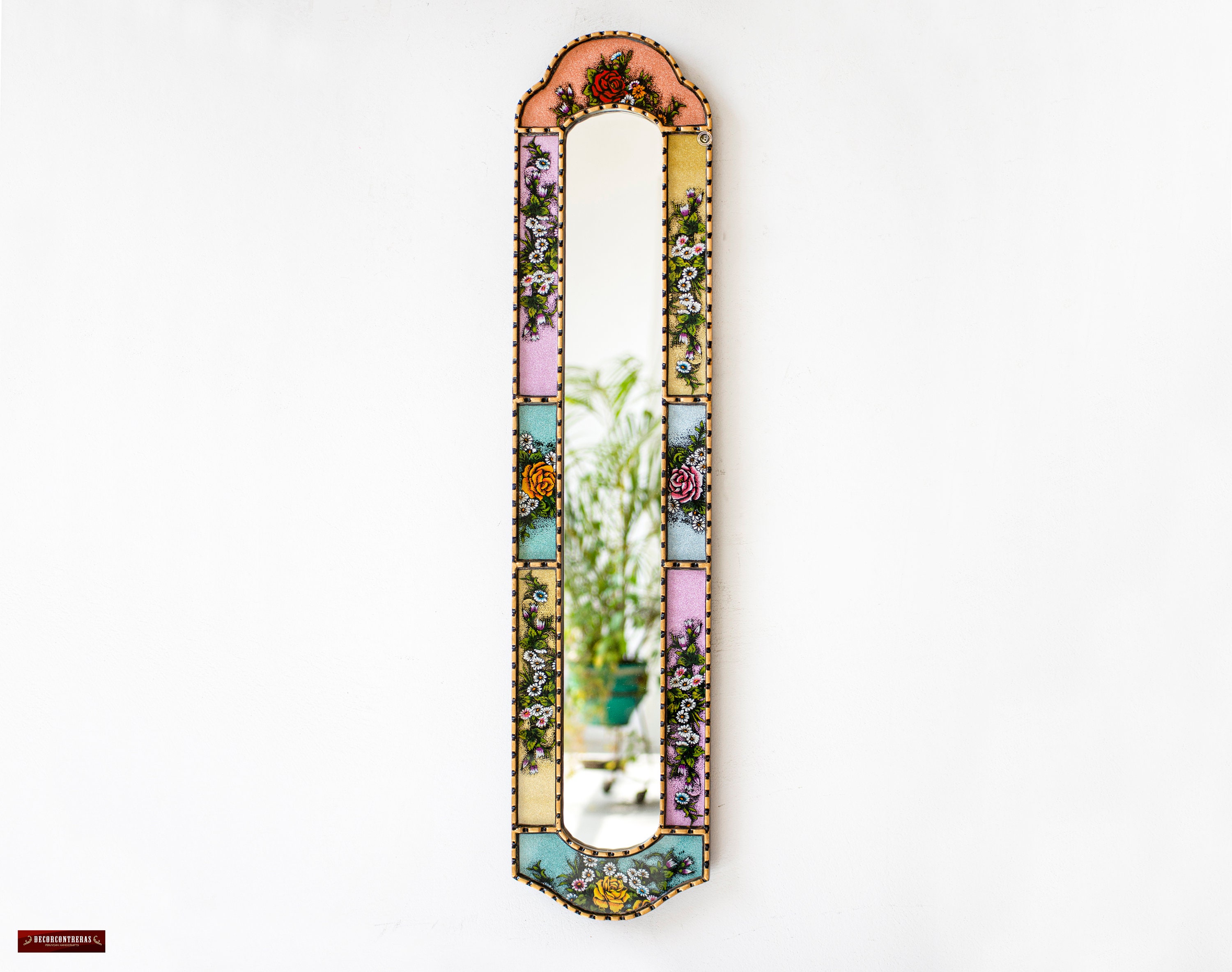 Narrow Hanging mirror home wall | Antique Gold frame mirror glas wall art| Peruvian Handpainted glass Long mirror for living room decoration