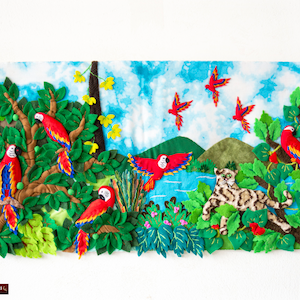 Applique Wall Hanging Folk Art Handmade in Peru 10&quot;x17.7&quot;, Peruvian Hand-embroidered Rainforest 3D textile Collage Fabric, &quot;Jungle Friends&quot;