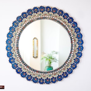Large Blue Round Mirror For wall 35.4in &quot;Blue Flowers&quot;- Peruvian Accent Blue Mirror decorative, Reverse Painted glass Hanging Wall Mirrors