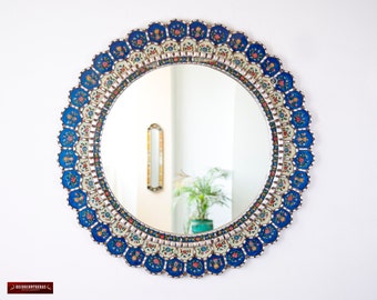 Large Blue Round Mirror For wall 35.4in "Blue Flowers"- Peruvian Accent Blue Mirror decorative, Reverse Painted glass Hanging Wall Mirrors