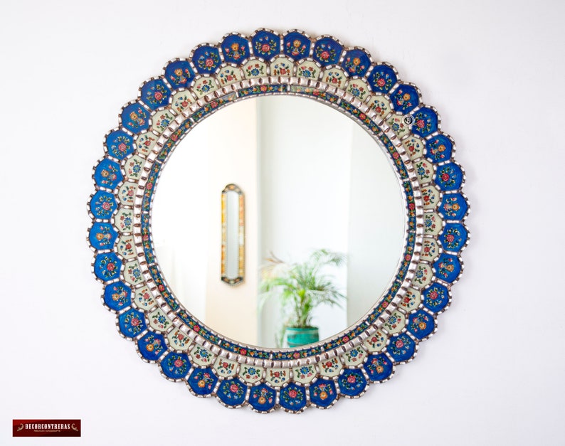 Large Blue Round Mirror For wall 35.4in Blue Flowers Peruvian Accent Blue Mirror decorative, Reverse Painted glass Hanging Wall Mirrors image 1