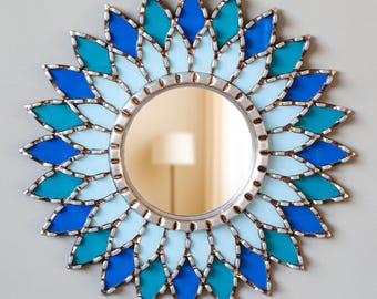 Handmade Round Mirror Wall Decor from Peru – Blue Decorative Mirrors – Accent Mirror for Bedroom, Living Room Decor - Housewarming Gift