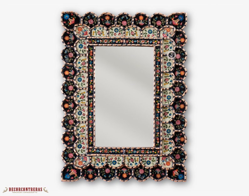 Decorative Cuzcaja Wall Mirror 23 6x17 7in Black Blossom Peruvian Accent For Reverse Painting On Glass Hanging