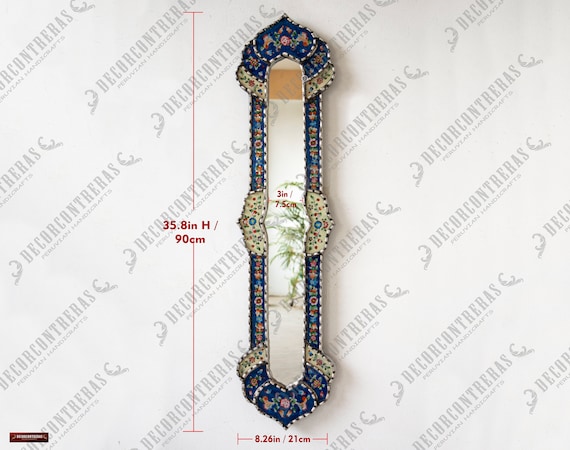 Blue Long Narrow wall mirror 35.4"H | Painting on glass Long Mirror for home wall room decor, living room | Silver leaf wood framed Mirrors