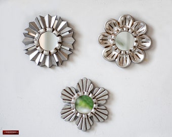 Small Accent Wall Mirror set 3, Decorative Round mirror 6" for room decor | Peruvian Handmade Mirror with silver leaf | Home christmas gifts