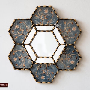 Handmade Hexagonal Small Wall Mirror 11.8&quot; from Peru, Handpainted glass mirrors for wall decor, Decorative Accent Blue Mirror with gold leaf