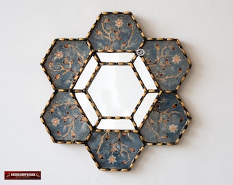 Miroirs hexagonaux décoratifs, miroir Cuscaja 30cm « Fleurs bleues », miroir mural hexagonal, décoration de la maison, artisanat péruvien