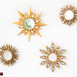 Peruvian Sunburst Mirror gold set 4, Starburst gold Leaf Accent Mirror, Handcarved Wood Round mirror for Wall room decor &quot;Golden Rays&quot;