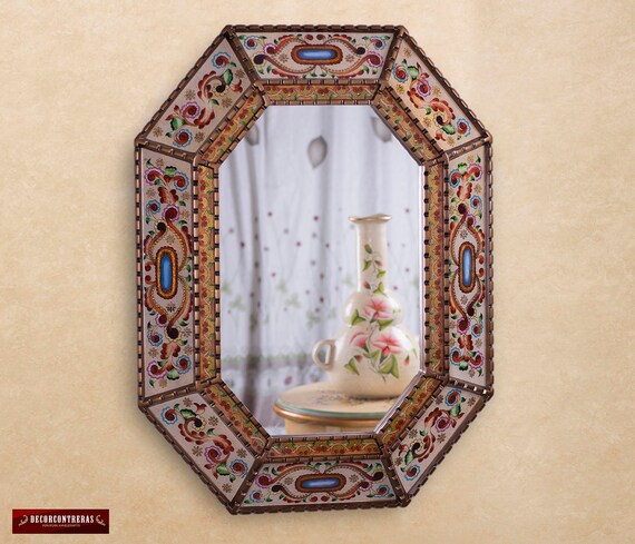 Peruvian Decorative Large Mirrors Holiday Decor Painted Glass Wood Octagonal Wall Mirror Arts Crafts