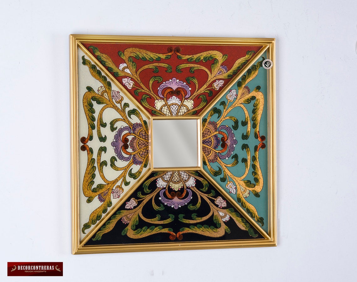 Decorative Square Wall Mirror With Gold Color Wood Frame Etsy
