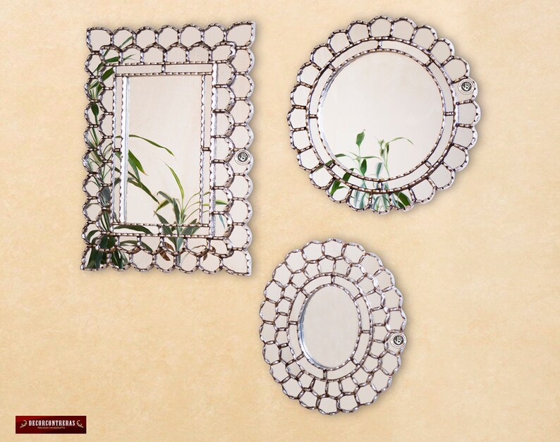 Silver Wall Mirror Set 3 Andean Round Oval Rectangular Decorative For Living Room Peruvian Vanity Decor