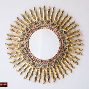 Peruvian Sunburst Wall Mirror 23.6", Vintage Mirror for wall decor, Reverse Painting on glass from Peru, Gold Wall Mounted Mirror decorative