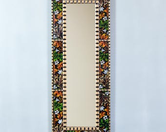 Handmade Narrow Wall Mirror | Peruvian Hand-painted Glass Art | Gold Decorative Long Mirror | William Morris Style | Living Room Decor