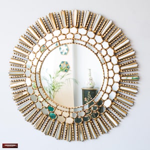 Gold Sunburst Wall Mirror 30” Round Large - Peruvian Wood Decor with Bronze Leaf - Modern Colonial Living Room Decor | USA/Canada No Duties