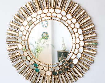 Gold Sunburst Wall Mirror 30” Round Large - Peruvian Wood Decor with Bronze Leaf - Modern Colonial Living Room Decor | USA/Canada No Duties