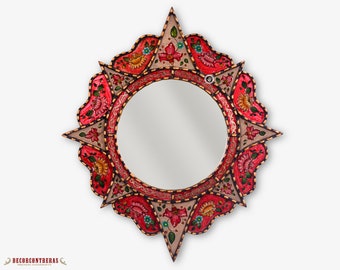 Decorative Round Mirror wall 25.6in "Delightful Red", Peruvian Wall Accent Mirror for home, Painting on glass Hanging Wall Mirror from Peru